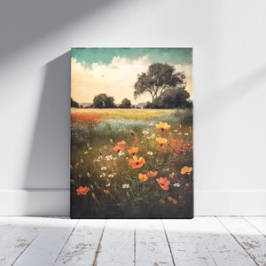 Printable Wildflower Field Landscape Oil Painting, Vintage Farm House, Printable Art Digital Download, Country Field Landscape Oil Painting