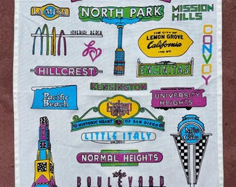 Hand Screen Printed San Diego Neighborhood Signs Tea Towel: 100% Cotton Dish Towel