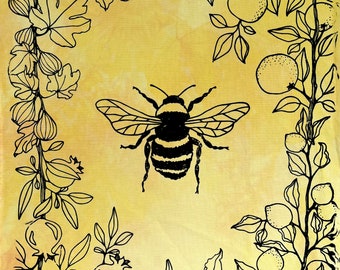Bee & Fruits Tea Towel: Hand Screen Printed Cotton Kitchen Decor