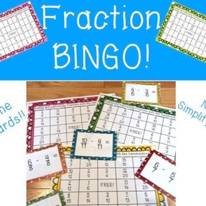 Puede incluir: Un conjunto de 30 tableros de bingo coloridos con un título que dice "¡Bingo de fracciones!" y las palabras "¡Sin simplificar!" en un cuadro azul. Los tableros están diseñados para sumar y restar fracciones con denominadores iguales. Los tableros tienen una cuadrícula con números y fracciones, y las tarjetas de llamada tienen ecuaciones de fracciones.