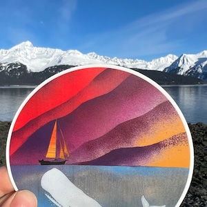 Sperm Whale Meets Sailboat at Sunset Sticker