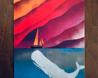 Sperm Whale Greets Sailboat at Sunset Greeting Card