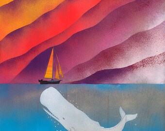 Sperm Whale Greets Sailboat at Sunset Print