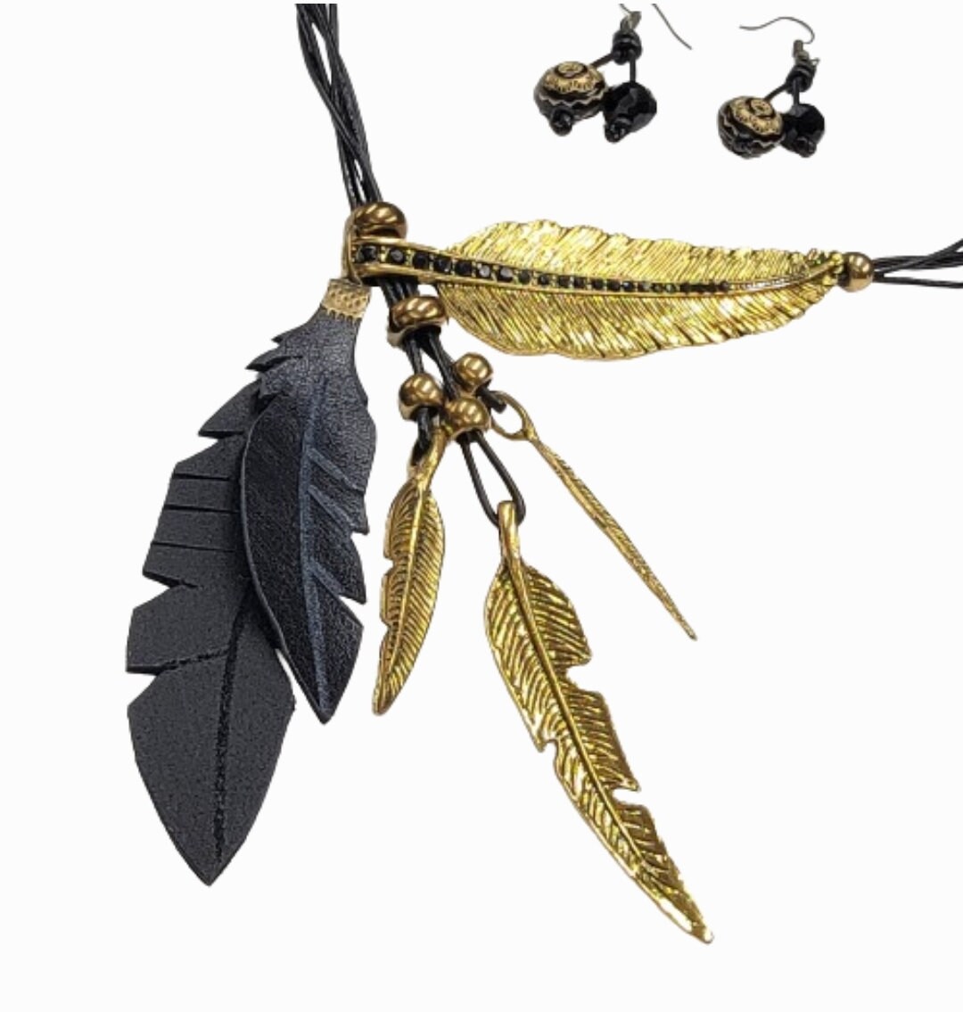 Black Feather Necklace- Feather Necklace- Black Leather
