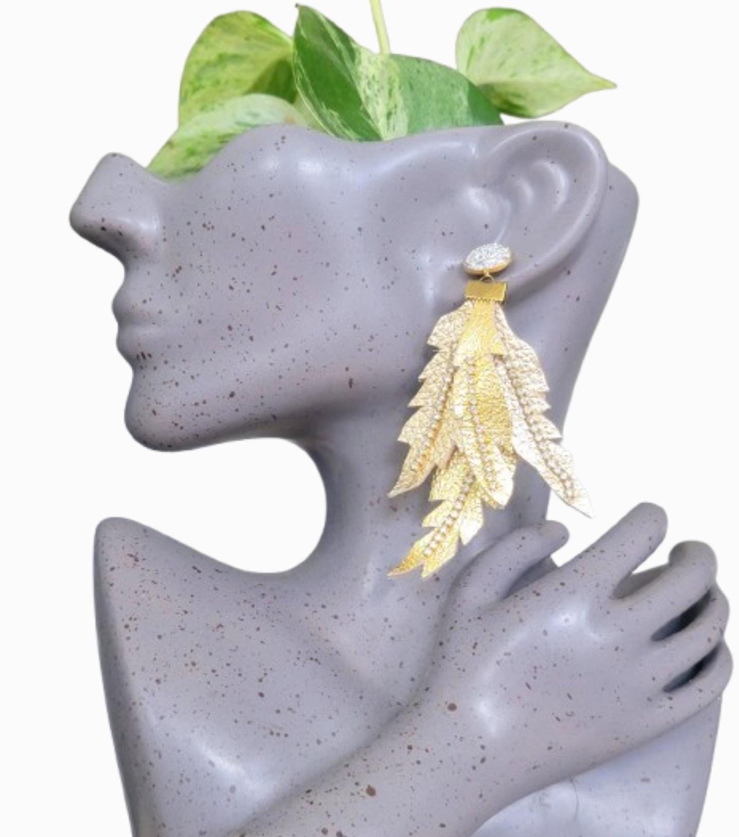 Golden Leather Feather Earrings – Owl Inspired, Rhinestone Detail, Sterling Silver Stud