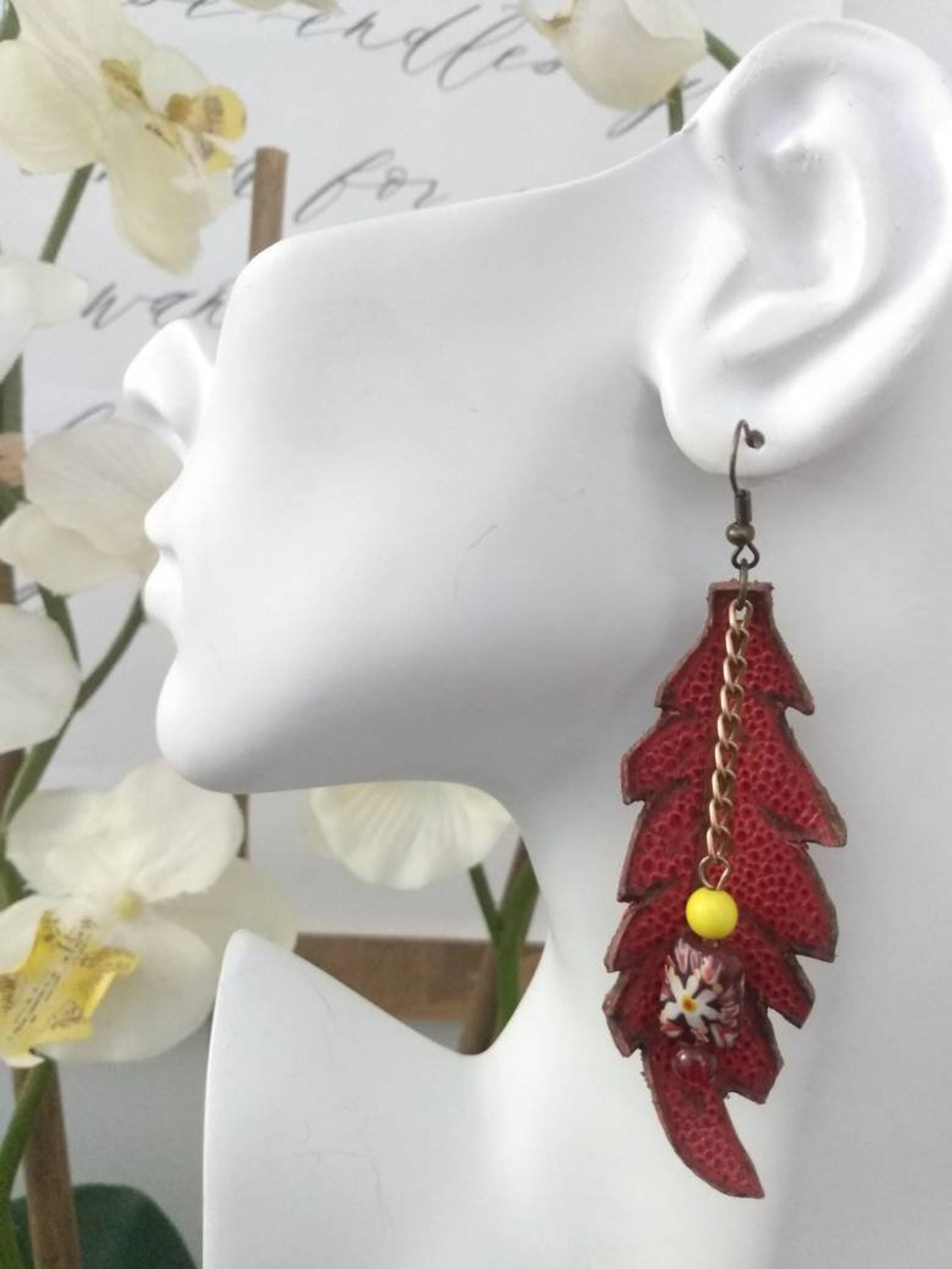 Bohemian Solo Earring Solitaire Feather Earring Red Leather Etsy