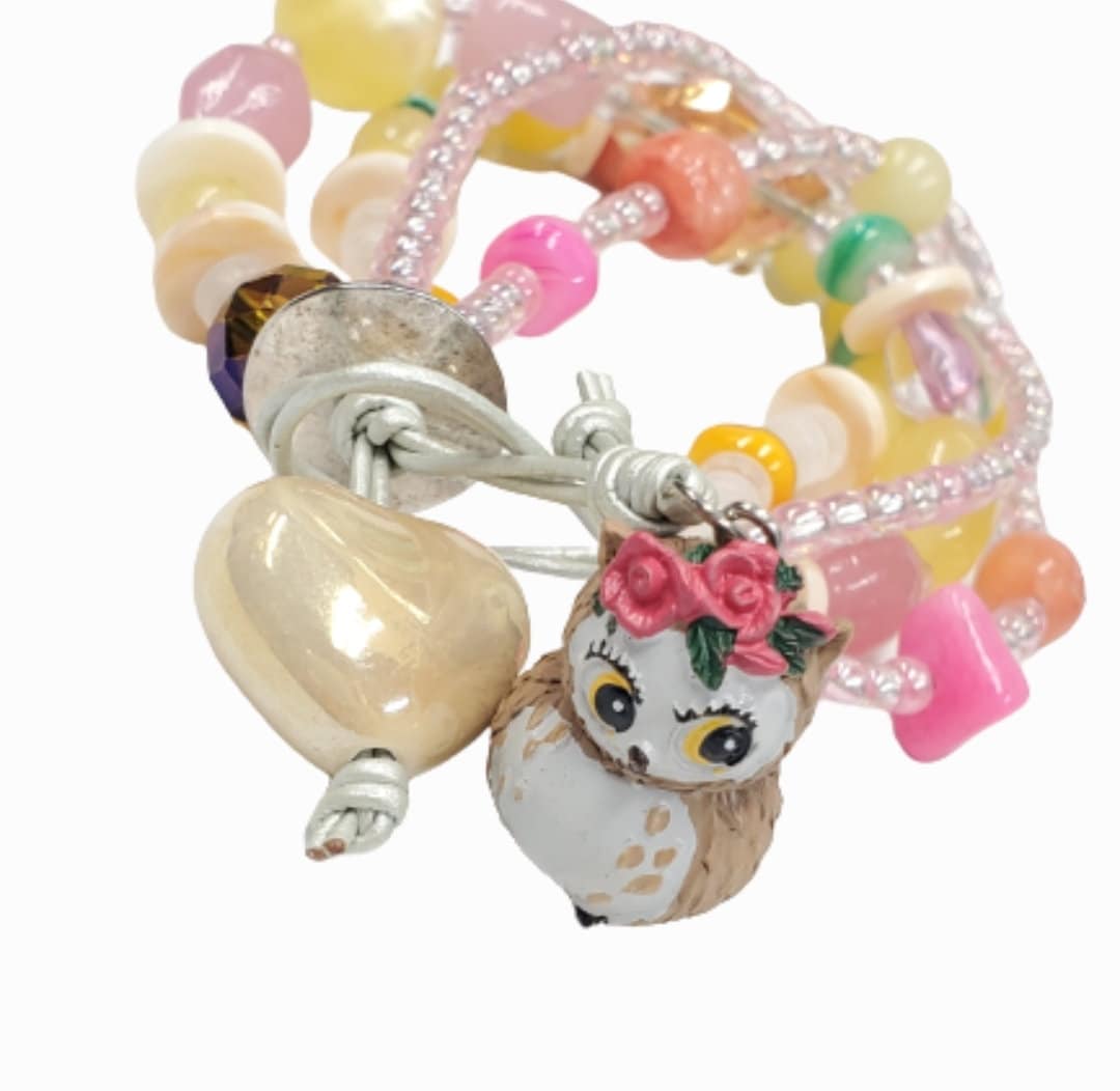 Owl Beaded Leather Wrap Bracelet: Multicolor Boho Jewelry