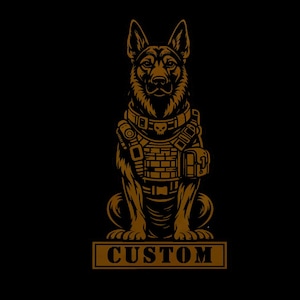 May include: A brown illustration of a German Shepherd dog wearing tactical gear, including a vest and collar with a skull emblem. The dog is sitting on a rectangular base with the word "CUSTOM" in capital letters. The background is black.