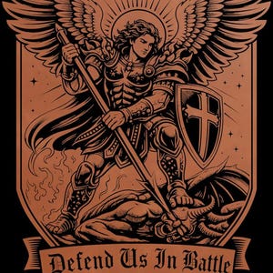 May include: A detailed illustration of an angel in armor, holding a spear and shield with a cross, standing over a defeated demon. The image is in shades of brown and black, with the text "Defend Us In Battle" and "BrimCrew.com".