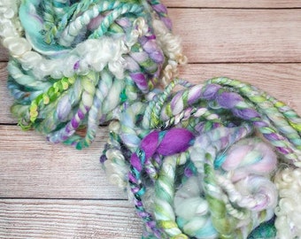 hand spun Art Yarn Super Coils Sunset over Fields Merino and Cotton.
