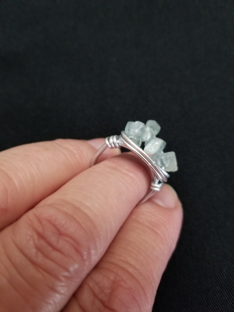 Handmade 6.5 Wire Wrapped Ring with Aquamarine chips Size 6.5