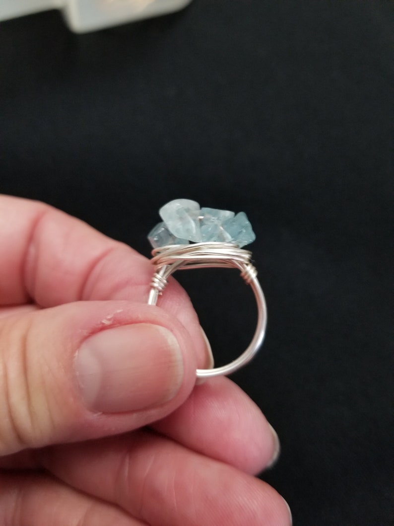 Handmade 6.5 Wire Wrapped Ring with Aquamarine chips Size 6.5