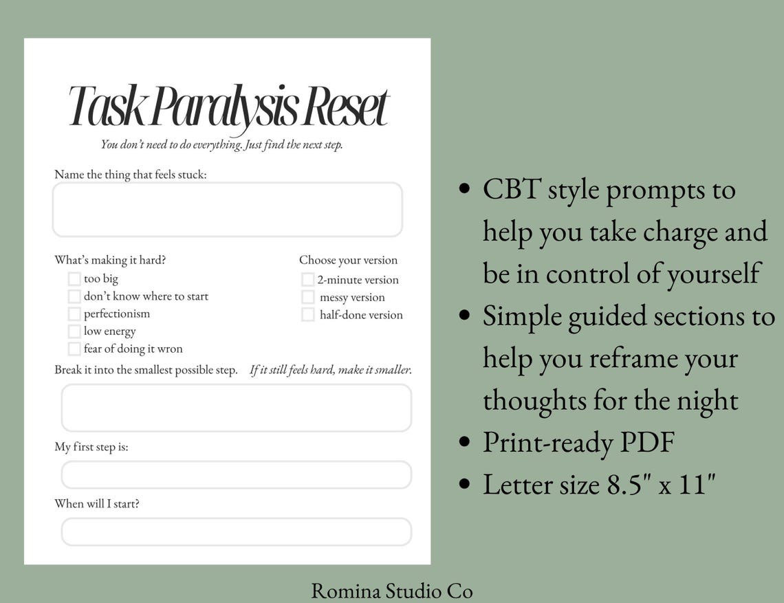 ADHD Task Paralysis Worksheet – Executive Dysfunction Help, Start Tasks ...