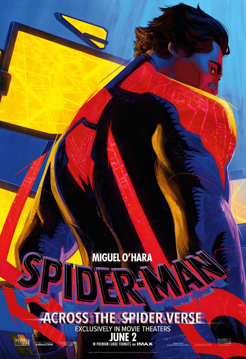 May include: Film poster for Spider-Man: Across the Spider-Verse, starring Miguel O'Hara. The image shows a Spider-Man figure with red and black suit details, set against a blue and yellow backdrop.