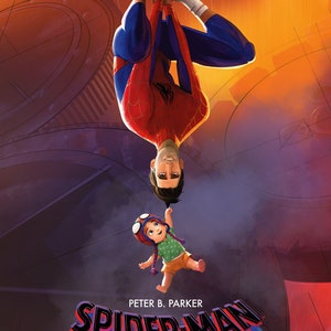May include: A poster for "Spider-Man: Across the Spider-Verse" featuring Spider-Man upside down, holding a child. The poster has a dynamic design with the film's title and release date. The background has a gradient of orange and purple.