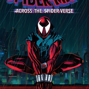 May include: A poster for "Spider-Man: Across the Spider-Verse" showing a red and black Spider-Man character in a crouched pose. The title is in a stylized font with "Ben Reilly" above. The background depicts a cityscape with rain.