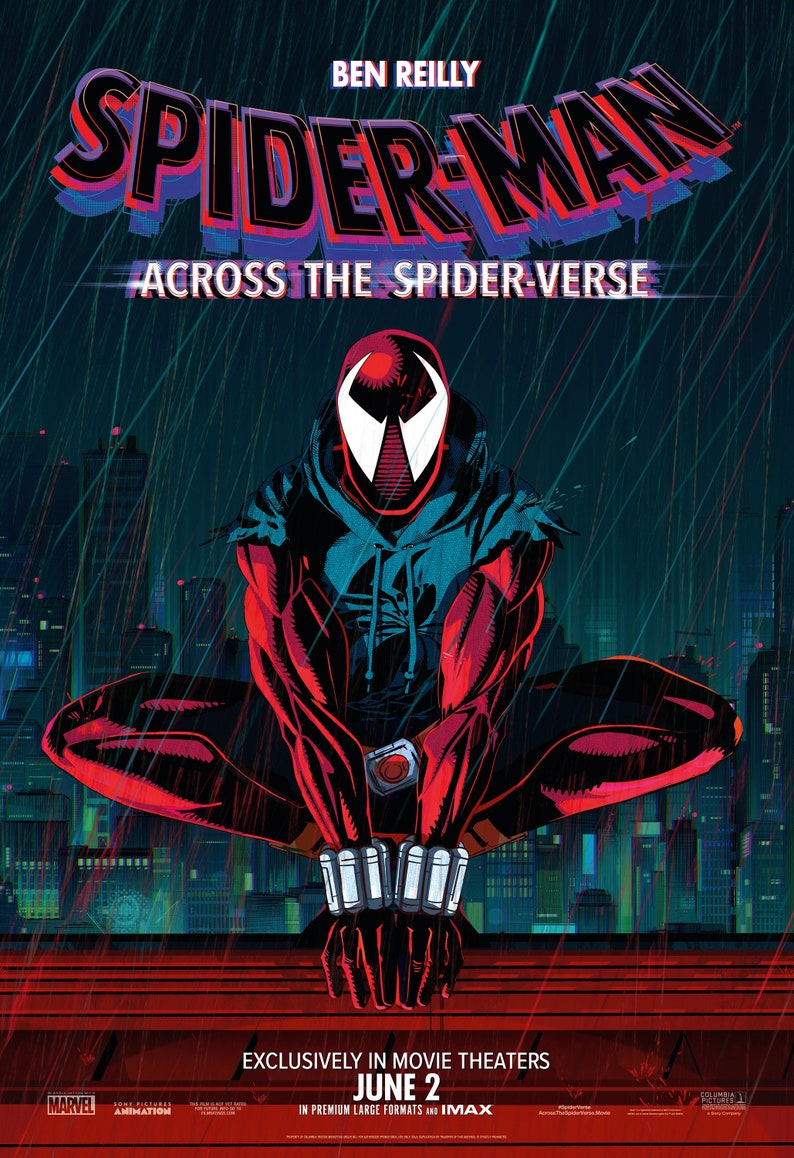 May include: A poster for "Spider-Man: Across the Spider-Verse" showing a red and black Spider-Man character in a crouched pose. The title is in a stylized font with "Ben Reilly" above. The background depicts a cityscape with rain.