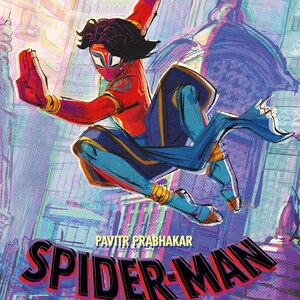 May include: Film poster for "Spider-Man: Across the Spider-Verse" showcasing Pavitr Prabhakar in action. The character is depicted in red and blue with gold details, set against a city background. The film's title and release date are clearly visible.