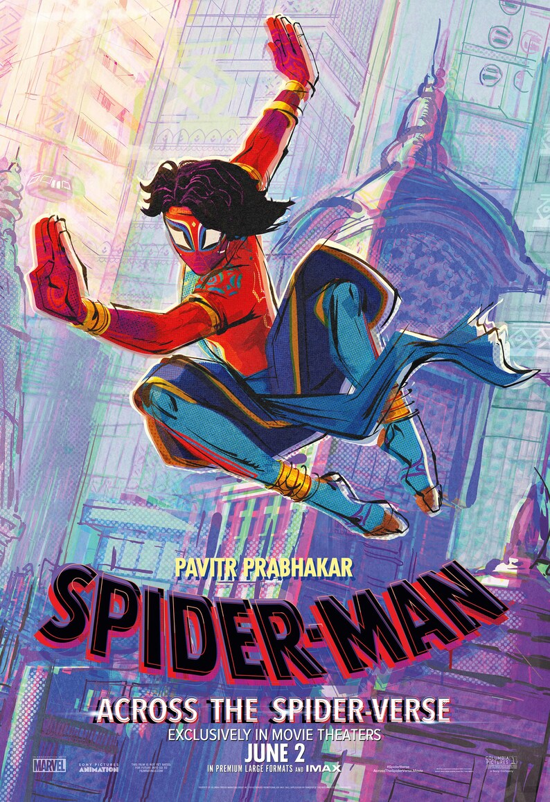 May include: Film poster for "Spider-Man: Across the Spider-Verse" showcasing Pavitr Prabhakar in action. The character is depicted in red and blue with gold details, set against a city background. The film's title and release date are clearly visible.