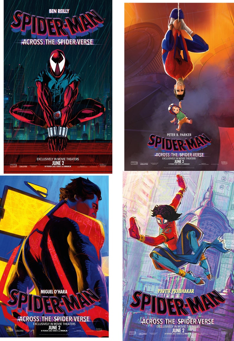 May include: Four film posters for "Spider-Man: Across the Spider-Verse." Each poster showcases a different Spider-Man character in action. The posters include text such as "Exclusively in Movie Theatres June 2."