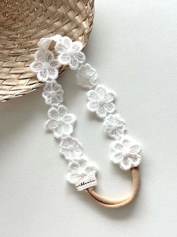 Ivory or Off White Flower Lace Baby Headband – Newborn Photo, Handmade in Australia