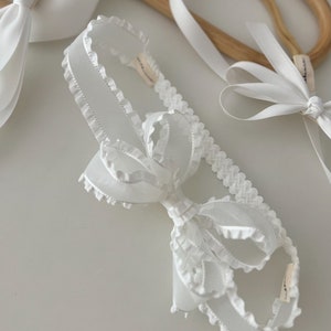 White Frill Organza Bow , Christening Headband, Baptism Bow, Classic Organza Bow Soft Headband image 1