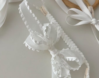 White Organza Frill Bow Headband: Christening Baptism Hair Accessory