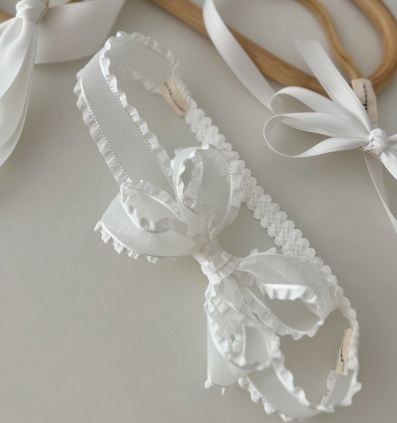 White Frill Organza Bow , Christening Headband, Baptism Bow, Classic Organza Bow Soft Headband image 1