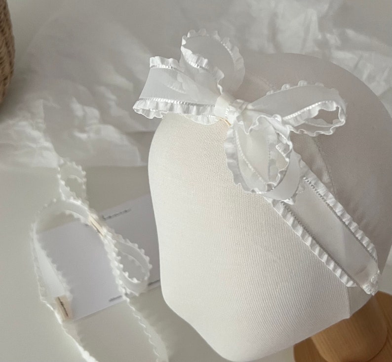 White Frill Organza Bow , Christening Headband, Baptism Bow, Classic Organza Bow Soft Headband image 5