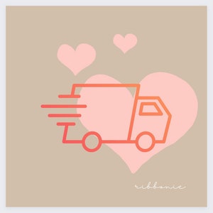May include: A pink heart with a red outline, a red delivery truck with a white outline, and the text "ribbonie" in pink.
