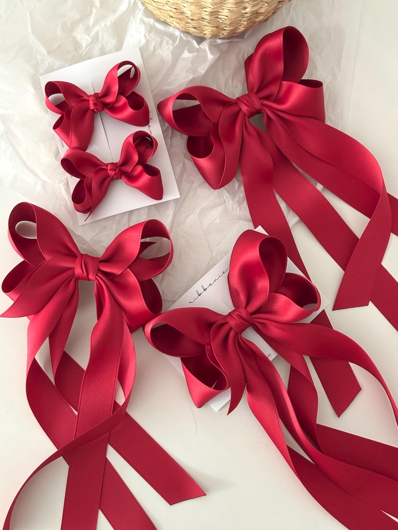 Red Satin Long Tail Hair Bow Clip image 4
