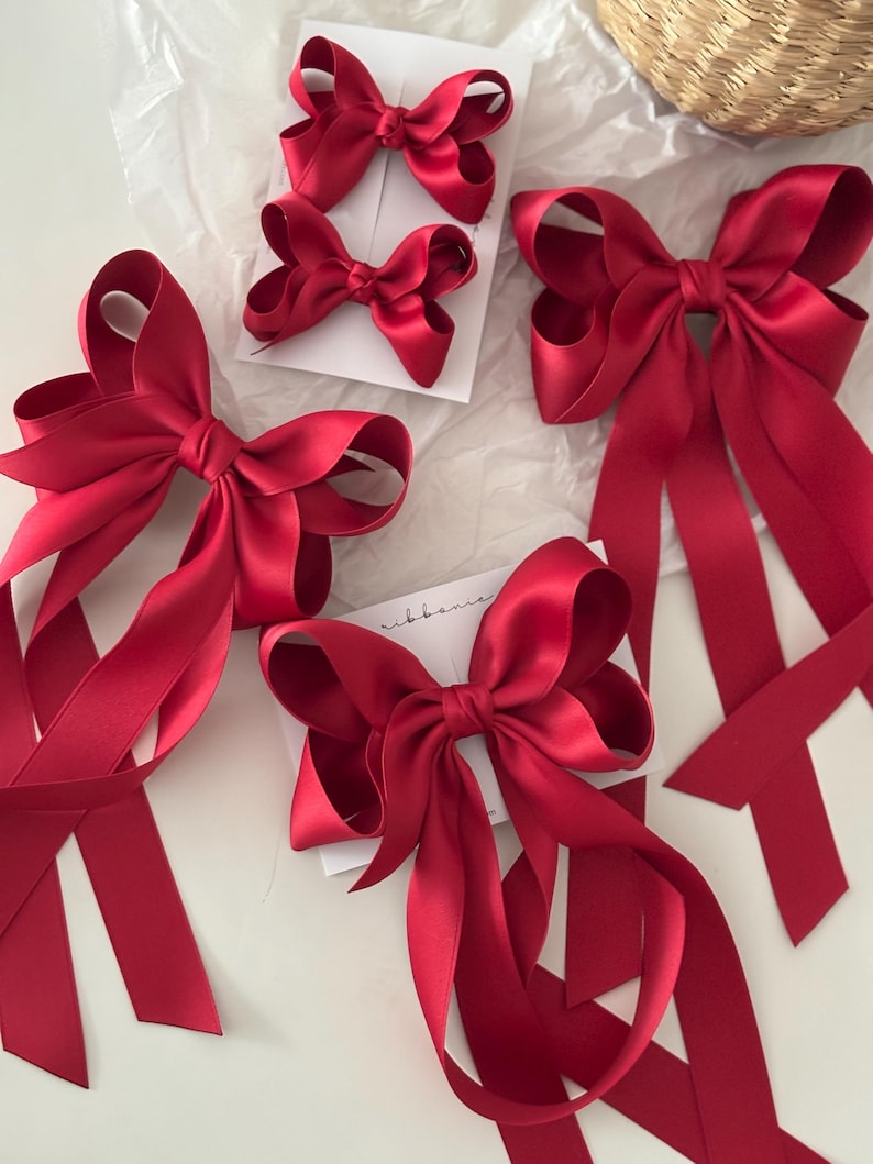 Red Satin Long Tail Hair Bow Clip image 2