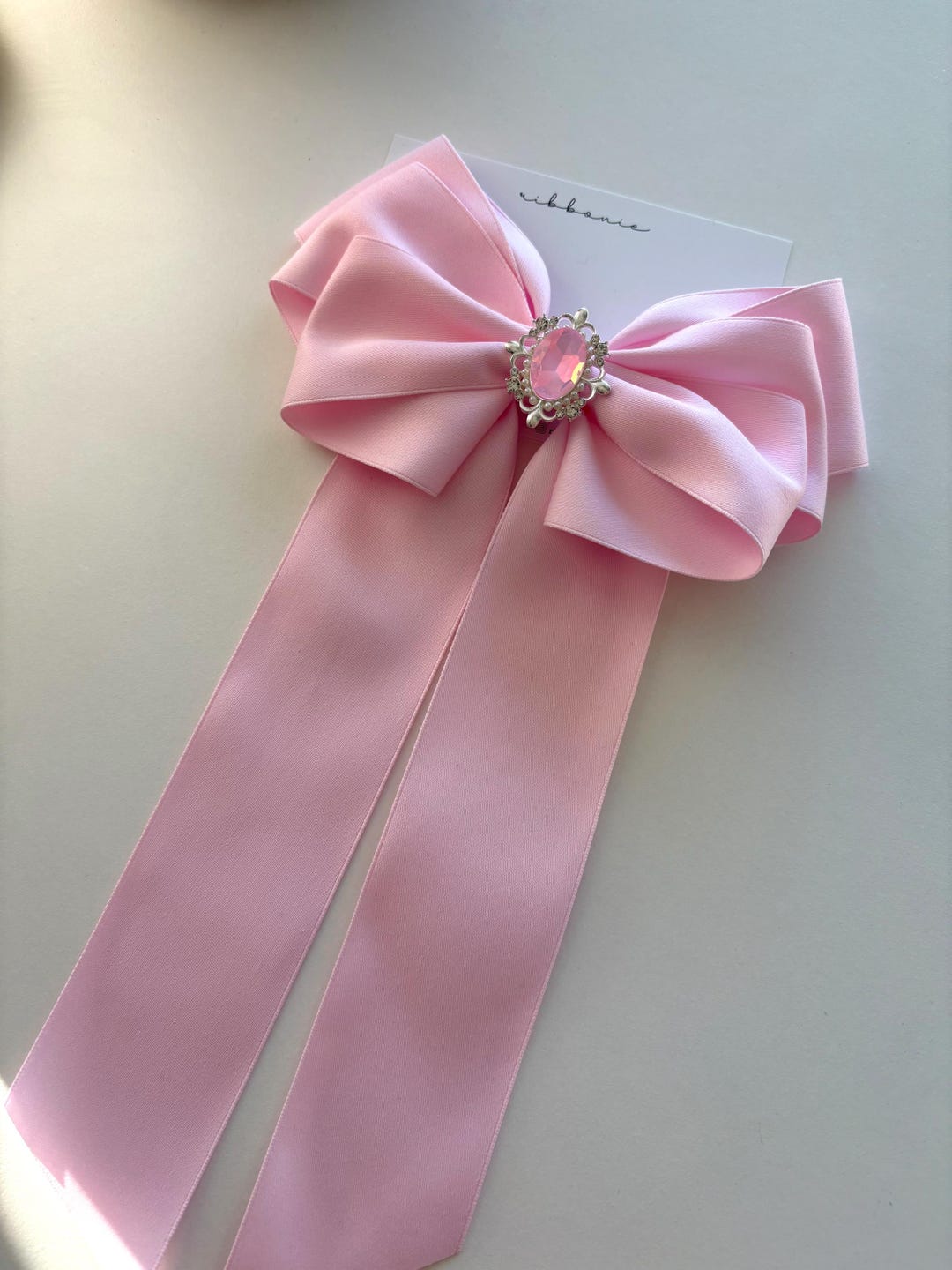 Pink Coquette Bow With Gem, Light Pink Ribbon Clip Flower Girl