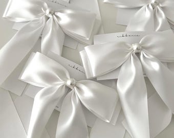 White Bridal Satin Hair Bow Clip Long Tail Bow With Pearl for Wedding