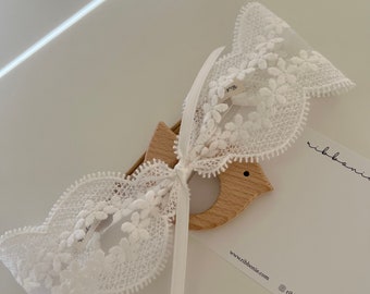 Christening Baby Bow, Floral Lace  Baby Headband, White Lace Bow, Baby Soft Headband