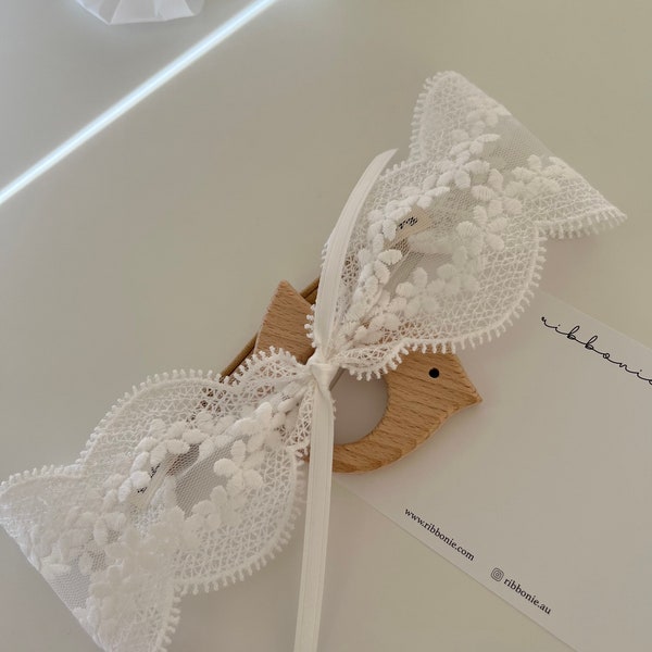 Christening Baby Bow, Floral Lace  Baby Headband, White Lace Bow, Baby Soft Headband