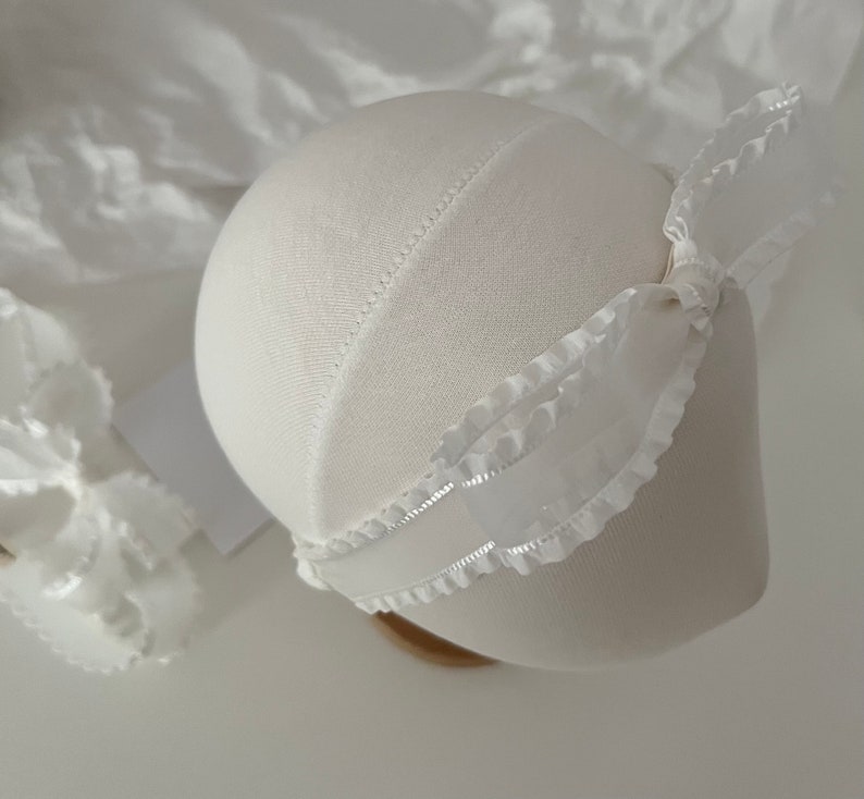 White Frill Organza Bow , Christening Headband, Baptism Bow, Classic Organza Bow Soft Headband image 7