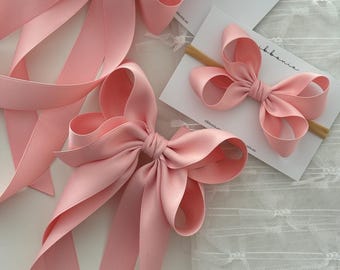Large Pink Satin Long Tail Bow Hair Clip