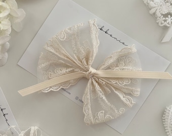 Baptism Headband for Baby Girl - Ivory Lace Bow on Soft Nylon Band