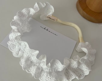 Stirnband aus Leinen oder Baumwolle, florales Rüschen-Stirnband, Rüschen-Spitzen-Stirnband, weißes Baumwoll-Rüschen-Spitzen-Stirnband, weiches Nylon-Baby-Stirnband