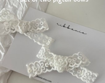 Set of two Ivory Pigtail Lace Pinwheel Bow Set of Two  Lace Bow Clip Avery Lace Clip for Piggy Tail Set of Two