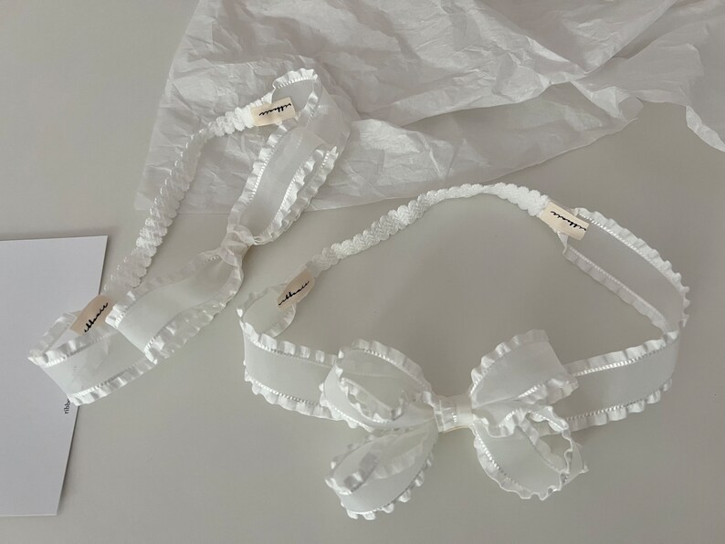 White Frill Organza Bow , Christening Headband, Baptism Bow, Classic Organza Bow Soft Headband image 4