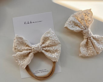 white ivory Butterfly Cotton Lace Bow  headband, Flower Lace Bow Headband, Baby Bow Soft Headband white ivory