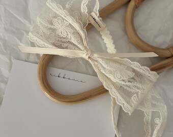 Ivory Lace Bow Butterfly Bow Headband for Baptism headband Christening Flower Lace headband Dancing Butterfly