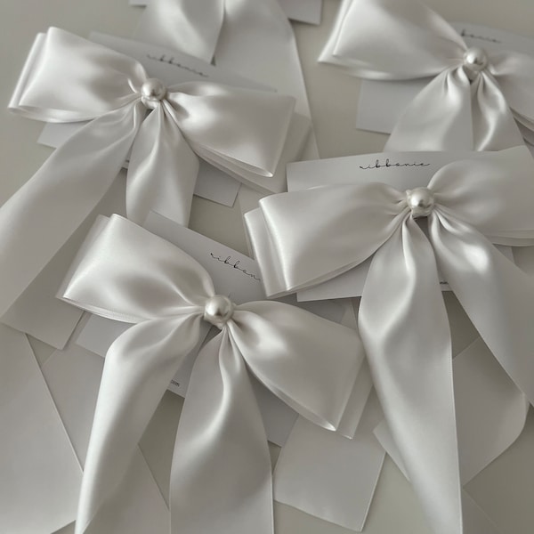 White Sienna Double Long Tail Bow Clip Wedding White Pearl Hair Ribbon Bow Clip