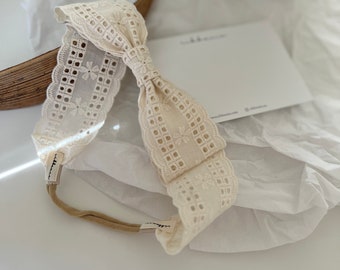 Girl Ivory Lace Bow Headband Floral Eyelet Cotton