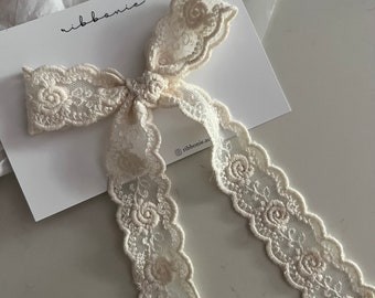 Girls Lace Longtail Tail Bow Clip Lace Bow for Toddler girl  Rose Flower Lace Long Tail Bow Hair Clip Ivory lace tail bow clip