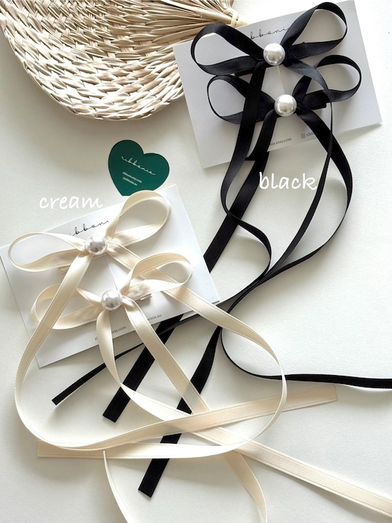 Satin Hair Bow With Pearl, Long Tail Bow Alligator Clip (set  display picture 3
