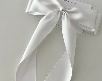 White Sienna Double Long Tail Bow Clip Wedding White Pearl Hair Ribbon Bow Clip