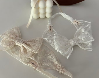 Off White Lace Bow Headband: Butterfly Christening Hair Bow